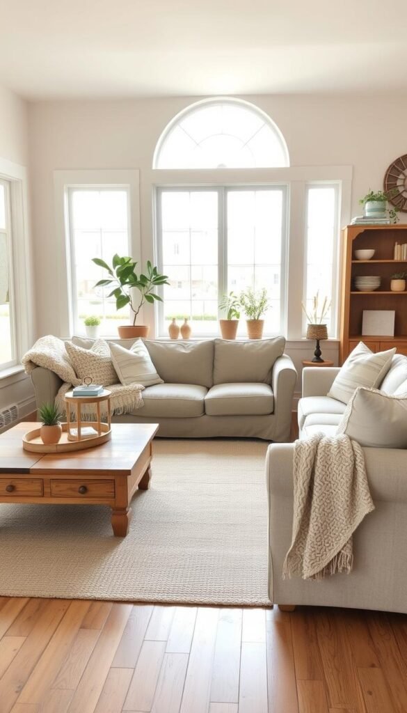 A cozy and inviting farmhouse-style living room with a neutral color palette. Soft, muted tones of beige, tan, and gray create a calming and serene atmosphere. Plush, textured furnishings like a linen sofa and knitted throw blankets add warmth. Rustic wooden accents, such as a distressed coffee table and shelving unit, provide a touch of country charm. Abundant natural light streams in through large windows, casting a gentle glow over the space. A neutral-toned area rug grounds the room, while simple, minimalist decor elements like potted plants and subtle wall art complete the relaxed, budget-friendly aesthetic.