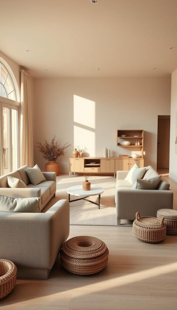 A cozy and inviting greige living room with neutral furniture and decor. The room is bathed in warm, diffused natural lighting filtering through large windows, creating a tranquil and serene atmosphere. In the foreground, a plush, neutral-toned sofa and a pair of armchairs are arranged around a minimalist coffee table. Muted greige and beige tones dominate the color palette, accented by natural textures like woven baskets and wooden accents. The middle ground features a neutral-toned area rug and a minimalist, greige-toned entertainment unit. The background showcases neutral-colored walls, adding to the calming and timeless ambiance of the space. A cozy and inviting greige living room with neutral furniture and decor. The room is bathed in warm, diffused natural lighting filtering through large windows, creating a tranquil and serene atmosphere. In the foreground, a plush, neutral-toned sofa and a pair of armchairs are arranged around a minimalist coffee table. Muted greige and beige tones dominate the color palette, accented by natural textures like woven baskets and wooden accents. The middle ground features a neutral-toned area rug and a minimalist, greige-toned entertainment unit. The background showcases neutral-colored walls, adding to the calming and timeless ambiance of the space.