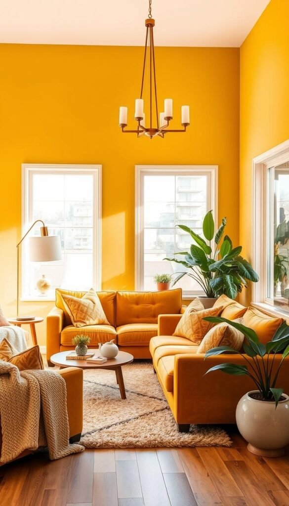 A cozy and inviting living room bathed in a warm, golden glow. The walls are painted in a rich, buttery yellow hue, creating an instant sunshine-filled atmosphere. Lush, velvet-upholstered furniture in shades of mustard and ochre sit atop a plush, textured area rug, drawing the eye inward. Soft, diffused lighting emanates from sleek, brass floor lamps and a statement chandelier, casting a gentle, ambient illumination. Large, picture windows allow natural light to flood the space, highlighting the tactile textures of knit throws and plump, decorative pillows. Lush, leafy plants in ceramic pots dot the scene, adding pops of verdant contrast. An overall sense of comfort and elegance pervades the space, inviting the viewer to sink in and bask in the warmth of the golden hues.