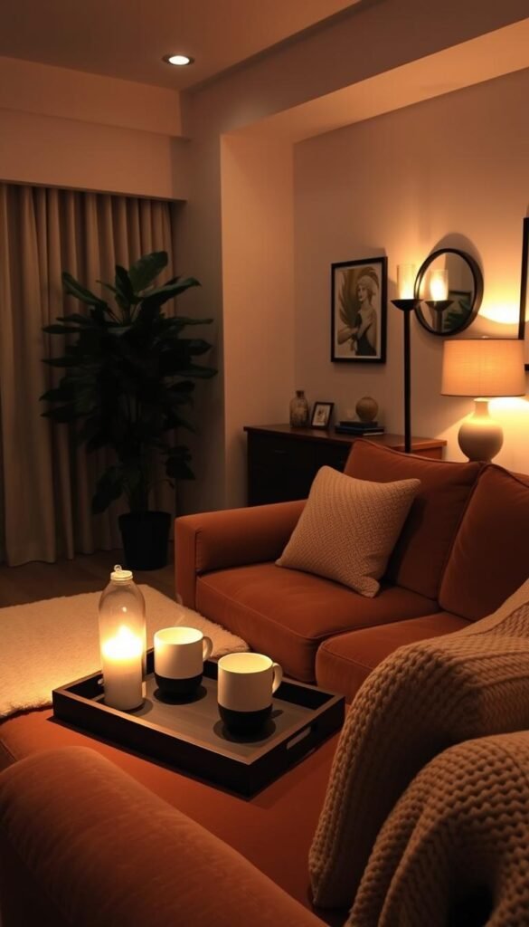 A cozy and inviting living room bathed in warm, ambient lighting. The space features a plush, oversized sofa in a rich, earthy tone, accented by textured throw pillows and a soft, knitted blanket. On the coffee table, a tray holds a steaming mug and a scented candle, casting a gentle glow. In the corner, a tall, leafy houseplant adds a natural touch, while a wooden side table supports a table lamp with a fabric shade. The walls are painted in a soothing, neutral hue, and tasteful wall decor, such as framed artwork or mirrors, completes the sophisticated yet comfortable atmosphere. Soft, diffused lighting from floor lamps and recessed fixtures illuminates the space, creating a sense of intimacy and relaxation.