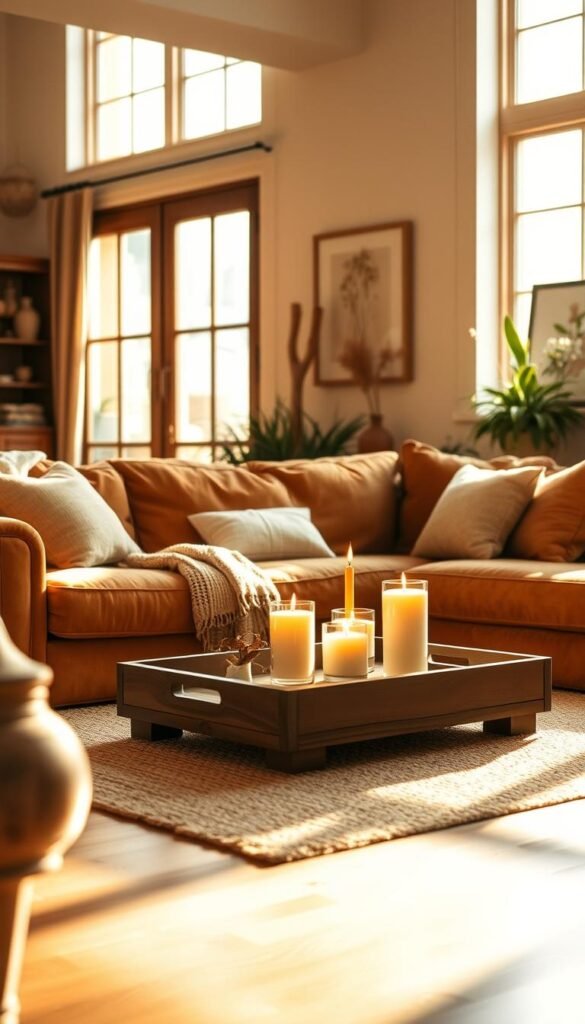 A cozy and inviting living room bathed in warm, golden hues. The space is illuminated by soft, natural lighting filtering through large windows, casting a comforting glow on the room. In the foreground, a plush, overstuffed sofa in a rich, earthy tone invites visitors to sink in and relax. Complementary textures, such as a woven throw blanket and decorative pillows, add depth and tactility. In the middle ground, a wooden coffee table holds a tray of aromatic candles, their flames flickering and casting dancing shadows. The background features natural elements like potted plants and framed artwork in complementary color palettes, creating a harmonious and soothing atmosphere. Overall, the scene exudes a sense of comfort, tranquility, and psychological warmth.