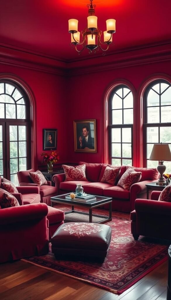 A cozy and inviting living room filled with a warm, vibrant color scheme. The room is bathed in soft, diffused lighting that creates a welcoming and relaxing atmosphere. The walls are painted in a deep, rich red tone, accentuated by plush, textured furnishings in complementary shades of crimson and burgundy. A large, comfortable sofa takes center stage, surrounded by accent chairs and ottomans that invite guests to sink in and unwind. Elegant, ornate details, such as intricate throw pillows and a decorative area rug, add depth and character to the space. The room is framed by large, picture windows that allow natural light to flood in, casting a gentle glow and highlighting the room's luxurious textures. The overall effect is a harmonious, enveloping space that exudes warmth, coziness, and a sense of sophisticated relaxation.