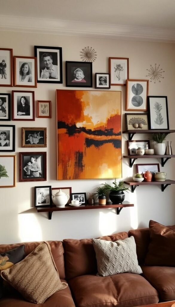 A cozy and inviting living room wall display featuring an eclectic mix of framed artwork, photographs, and decorative objects. The centerpiece is a large abstract painting in warm hues, flanked by black and white family portraits and nature-inspired wall hangings. Carefully curated shelves showcase ceramics, plants, and personal mementos, creating a visually striking yet harmonious composition. Soft, directional lighting highlights the textures and shadows, adding depth and a sense of coziness to the scene. The overall mood is one of warmth, creativity, and a celebration of the homeowner's unique style and personal story.