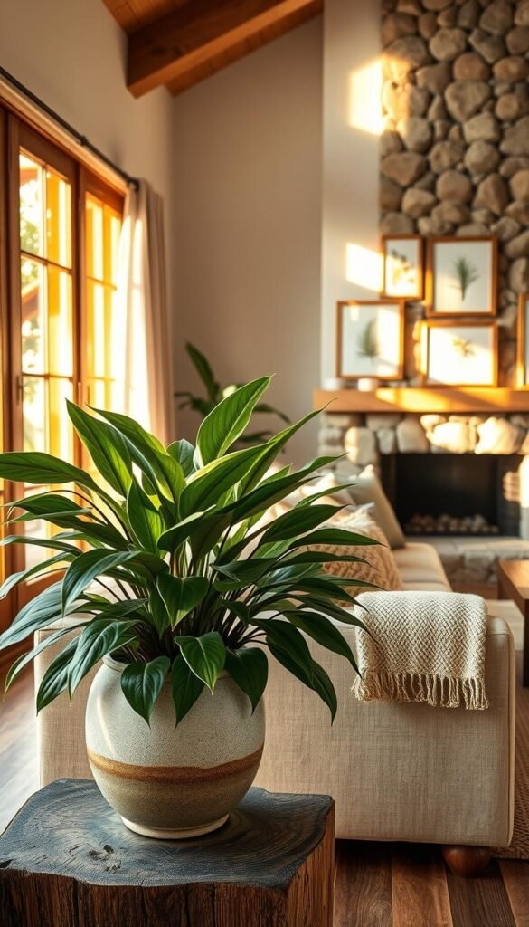 A cozy and inviting living room with a harmonious blend of natural elements. In the foreground, a large, lush houseplant in a stylish ceramic planter sits on a rustic wooden side table. Sunlight streams in through large windows, casting a warm, golden glow across the space. In the middle ground, a neutral-toned sofa is adorned with textured throw pillows and a woven blanket, creating a sense of comfort. The background features a minimalist fireplace surrounded by earthy stone, complemented by a gallery wall showcasing framed botanical prints. The overall atmosphere is one of tranquility and a connection to the natural world, reflecting the section's title "Living Room Inspiration Through Natural Elements".