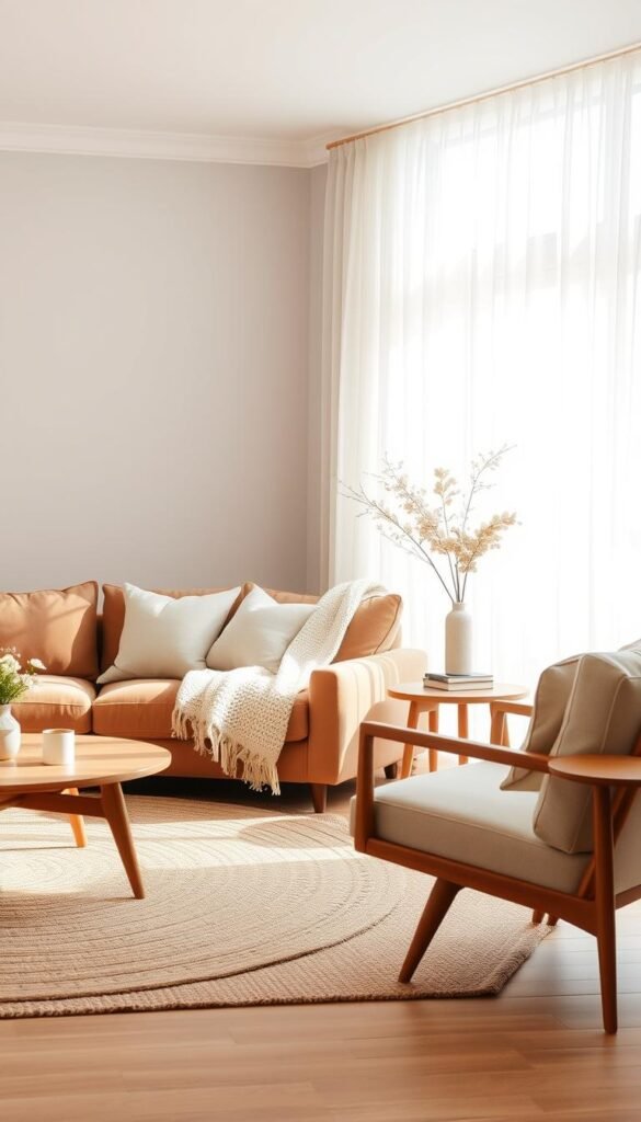 A cozy and inviting living room with a harmonious mix of neutral textures. Plush velvet sofa in warm taupe, juxtaposed with a knitted throw blanket in cream. Linen armchair and natural-fiber area rug add subtle visual interest. Minimalist wood coffee table and mid-century modern side table provide sleek accents. Diffused sunlight filters through sheer curtains, casting a soft, calming glow. Layered textures and muted tones create a tranquil, timeless atmosphere, perfect for relaxation. A cozy and inviting living room with a harmonious mix of neutral textures. Plush velvet sofa in warm taupe, juxtaposed with a knitted throw blanket in cream. Linen armchair and natural-fiber area rug add subtle visual interest. Minimalist wood coffee table and mid-century modern side table provide sleek accents. Diffused sunlight filters through sheer curtains, casting a soft, calming glow. Layered textures and muted tones create a tranquil, timeless atmosphere, perfect for relaxation.