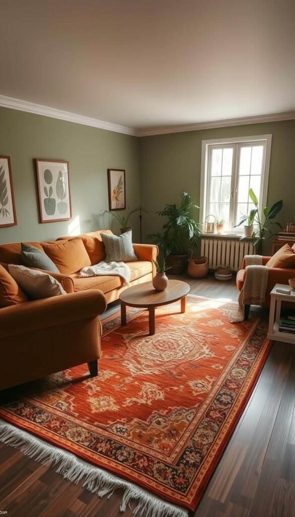 A cozy and inviting living room with a warm color palette. The space is bathed in soft, diffused lighting, creating a serene and calming atmosphere. In the foreground, a plush, earth-toned sofa sits nestled between two matching armchairs, all arranged around a low wooden coffee table. Lush, textured throw pillows and a cozy knitted blanket add to the welcoming feel. In the middle ground, a large, ornate area rug in shades of terracotta, mustard, and sage grounds the space. The walls are painted in a soothing, muted green hue, and a large window allows natural light to filter in, casting a gentle glow. Potted plants and a few carefully curated decorative pieces, such as a ceramic vase and a stack of books, complete the tranquil, soulful atmosphere.
