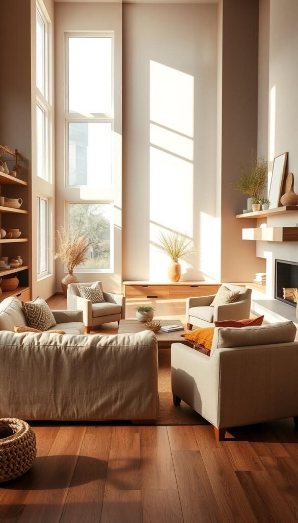 A cozy and inviting living room with a warm neutral color palette. The room is bathed in soft, natural lighting filtering through large windows, casting a gentle glow on the earth-toned furnishings. In the foreground, a plush, overstuffed sofa in a beige linen fabric takes center stage, complemented by a pair of matching armchairs. The middle ground features a low, wooden coffee table and a stylish area rug in muted tones of ochre and tan. Along the walls, floating shelves display decorative ceramics and woven baskets, adding natural textures to the space. The background showcases a large, minimalist fireplace with a mantel adorned with potted plants and simple artwork. The overall atmosphere is one of relaxed sophistication, evoking a sense of cozy elegance.