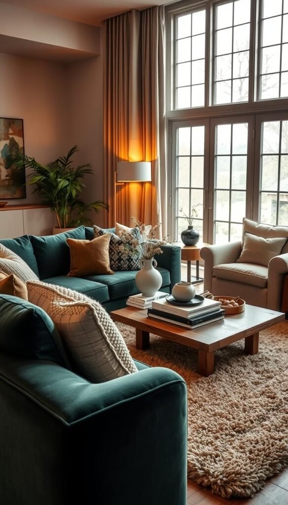 A cozy and inviting living room with lush, layered textiles. In the foreground, a plush velvet sofa in a deep emerald hue, topped with an array of throw pillows in complementary patterns and textures - boucle, chunky knit, and patterned jacquard. A soft, shaggy area rug in an earthy tone grounds the space. In the middle ground, a low wooden coffee table is styled with a stack of books, a decorative tray, and a sculptural ceramic vase filled with fresh flowers. Flanking the sofa, two overstuffed armchairs in a natural linen fabric invite relaxation. Warm, diffused lighting from a minimalist floor lamp creates a tranquil ambiance, while large windows allow natural light to filter in, casting a gentle glow across the textured surfaces. The overall mood is cozy, layered, and visually captivating.
