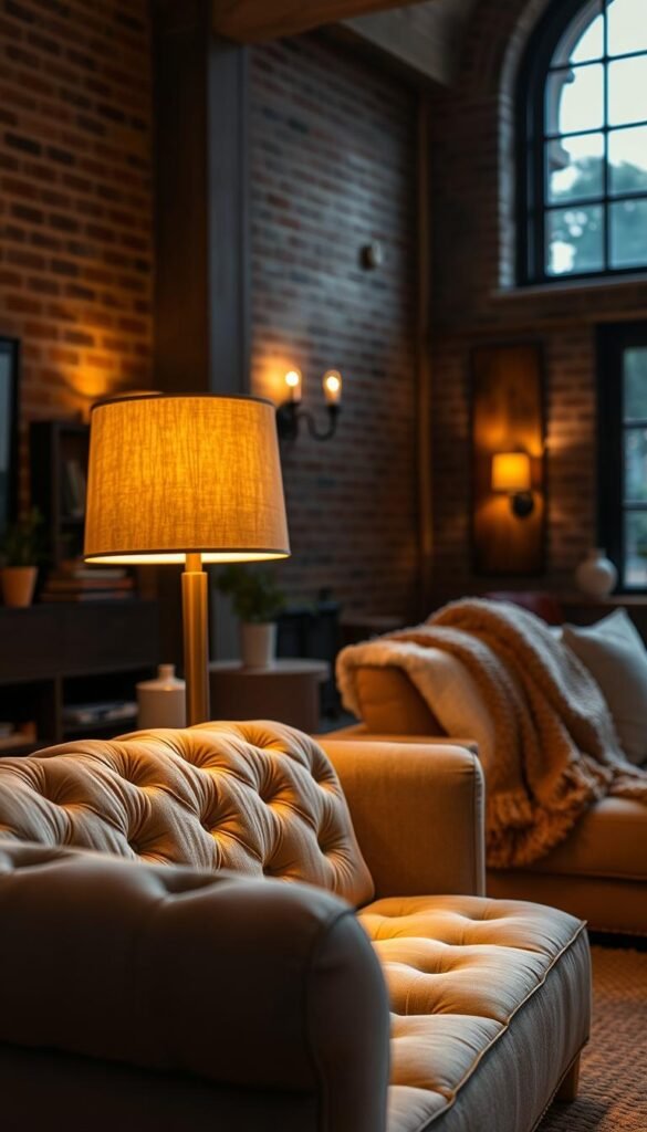 A cozy and inviting living room with warm, textured lighting. The foreground features a plush, tufted velvet sofa bathed in a soft, golden glow from a floor lamp with a linen shade. In the middle ground, decorative wall sconces cast a gentle, flickering light over natural, woven textures like a wool blanket and a jute rug. The background showcases exposed brick walls and a large window, allowing natural daylight to filter in and create a layered, ambient atmosphere. The overall mood is one of comfort, depth, and a cohesive, soothing aesthetic.