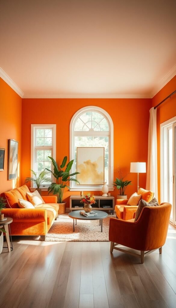 A cozy and inviting living room with warm, vibrant orange hues adorning the walls. The space is bathed in soft, diffused lighting, creating a welcoming and comfortable atmosphere. Plush, textured furnishings in complementary tones, such as a deep burnt orange sofa and accent chairs, add to the overall sense of coziness. Pops of earthy tones, like natural wood accents and potted plants, provide balance and depth to the composition. The room is framed by large windows that allow natural light to flood in, enhancing the cheerful and energetic ambiance. The overall scene evokes a sense of relaxation and contentment, perfectly capturing the essence of an "Orange Color Palette for Energetic Comfort."