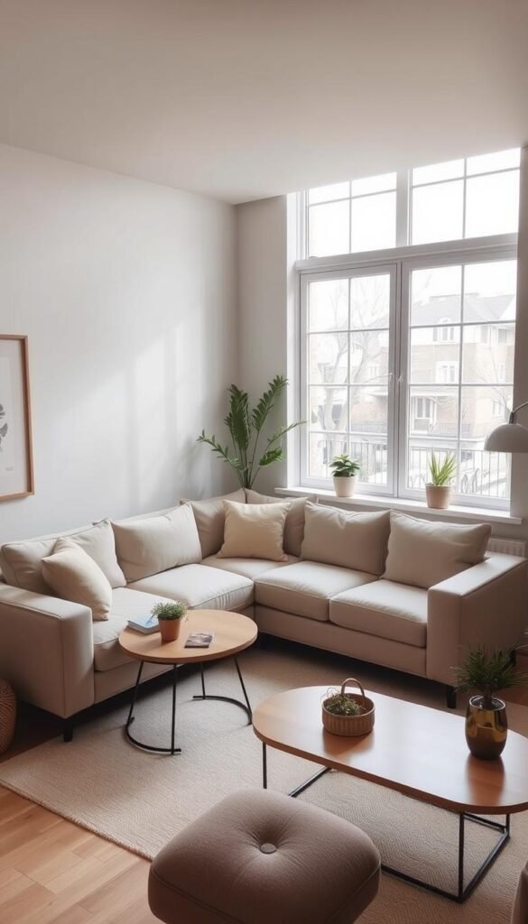 A cozy and inviting small living room featuring a sleek, L-shaped corner sectional sofa. The sofa, upholstered in a neutral, muted tone, nestles cozily in the corner, maximizing the available floor space. Soft, diffused lighting filters in through large windows, casting a warm, intimate glow. Minimalist decor, including a simple wooden coffee table and potted plants, complement the layout, creating a balanced and harmonious atmosphere. The room's neutral color palette and clean lines give it a serene, contemporary feel, while the strategic furniture placement showcases how a corner sectional can elegantly transform a compact space. A cozy and inviting small living room featuring a sleek, L-shaped corner sectional sofa. The sofa, upholstered in a neutral, muted tone, nestles cozily in the corner, maximizing the available floor space. Soft, diffused lighting filters in through large windows, casting a warm, intimate glow. Minimalist decor, including a simple wooden coffee table and potted plants, complement the layout, creating a balanced and harmonious atmosphere. The room's neutral color palette and clean lines give it a serene, contemporary feel, while the strategic furniture placement showcases how a corner sectional can elegantly transform a compact space.