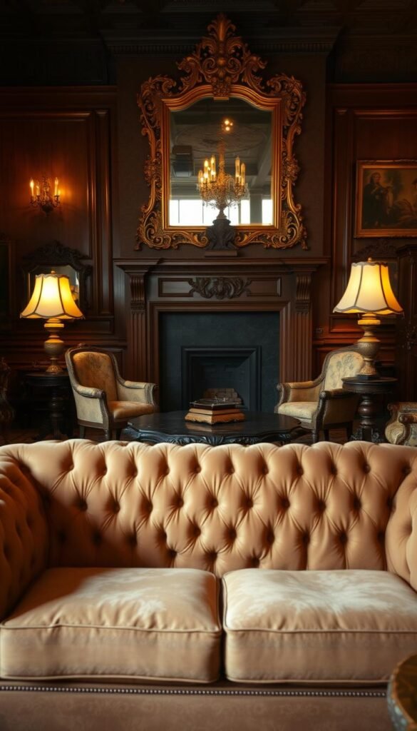 A cozy and inviting vintage living room filled with antique furniture and elegant decor. In the foreground, a plush, tufted chesterfield sofa in a rich, muted tone sits prominently, complemented by a pair of matching armchairs. In the middle ground, a beautifully carved, dark wood coffee table with intricate detailing is flanked by vintage lamps with ornate bases and shades. The background features a large, ornate fireplace mantel with delicate moldings, above which hangs a magnificent, gilded mirror that reflects the warm, ambient lighting. The overall atmosphere is one of timeless sophistication and understated luxury, creating a welcoming and immersive vintage aesthetic.