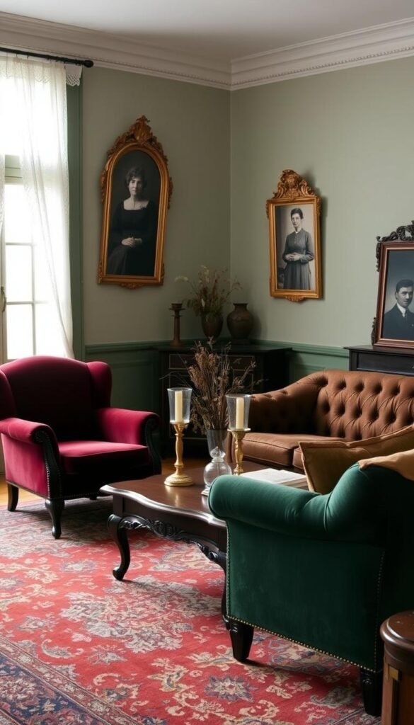 A cozy and inviting vintage living room with a warm, muted color palette. Soft, diffused natural light filters through lace-draped windows, casting a gentle glow on the weathered wood furniture and antique Persian rug. Plush velvet armchairs in deep burgundy and forest green flank a carved mahogany coffee table, adorned with brass candlesticks and a crystal vase of dried wildflowers. The walls are painted in a soft, muted sage green, complemented by ornate gilded mirrors and sepia-toned vintage photographs. A large, tufted chesterfield sofa in a rich, earthy brown anchors the space, creating a welcoming and timeless atmosphere.