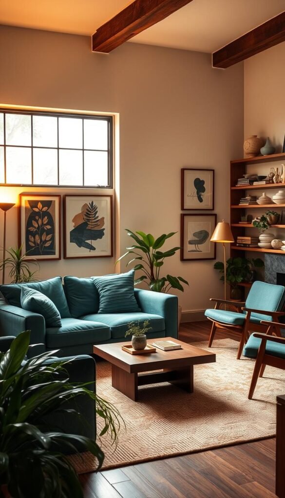 A cozy and inviting vintage modern living room design, bathed in warm, diffused lighting from a large picture window. The space features a plush, overstuffed teal velvet sofa paired with a sleek, minimalist wooden coffee table and a pair of mid-century modern lounge chairs. Lush, trailing plants and a large, textured area rug ground the scene, while a vintage brass floor lamp casts a soft glow. The walls are adorned with a gallery of framed abstract art pieces, complemented by rustic wood shelving displaying vintage ceramics and books. The overall atmosphere is one of refined elegance and timeless, eclectic charm. A cozy and inviting vintage modern living room design, bathed in warm, diffused lighting from a large picture window. The space features a plush, overstuffed teal velvet sofa paired with a sleek, minimalist wooden coffee table and a pair of mid-century modern lounge chairs. Lush, trailing plants and a large, textured area rug ground the scene, while a vintage brass floor lamp casts a soft glow. The walls are adorned with a gallery of framed abstract art pieces, complemented by rustic wood shelving displaying vintage ceramics and books. The overall atmosphere is one of refined elegance and timeless, eclectic charm.