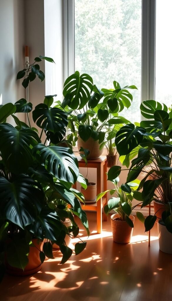 A cozy and serene indoor plant scene with lush greenery, soft natural lighting, and a tranquil atmosphere. In the foreground, a variety of thriving houseplants including fiddle-leaf fig, pothos, and monstera, arranged in a harmonious composition. The middle ground features a wooden plant stand or shelf, casting warm shadows on the floor. In the background, a large window allows diffused daylight to flood the space, creating a calming, zen-like ambiance. The entire scene is captured through a wide-angle lens, emphasizing the spaciousness and balance of the natural elements. An oasis of calm and relaxation, this image perfectly captures the essence of integrating plants for natural serenity in a Japandi-style living room. A cozy and serene indoor plant scene with lush greenery, soft natural lighting, and a tranquil atmosphere. In the foreground, a variety of thriving houseplants including fiddle-leaf fig, pothos, and monstera, arranged in a harmonious composition. The middle ground features a wooden plant stand or shelf, casting warm shadows on the floor. In the background, a large window allows diffused daylight to flood the space, creating a calming, zen-like ambiance. The entire scene is captured through a wide-angle lens, emphasizing the spaciousness and balance of the natural elements. An oasis of calm and relaxation, this image perfectly captures the essence of integrating plants for natural serenity in a Japandi-style living room.