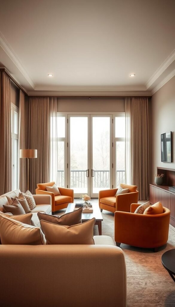 A cozy and sophisticated living room with warm neutral tones. A large, plush beige sofa sits in the foreground, accented with soft, earth-toned throw pillows. In the middle ground, a low, wooden coffee table is surrounded by two matching armchairs in a rich, caramel hue. The walls are painted in a soothing, light taupe shade, complemented by textured linen curtains that frame large windows, allowing natural light to flood the space. Subtle brass and wood accents, such as a sleek floor lamp and a wall-mounted media unit, add a touch of warmth and elegance. The overall atmosphere is one of relaxed sophistication, creating a welcoming and inviting living environment.