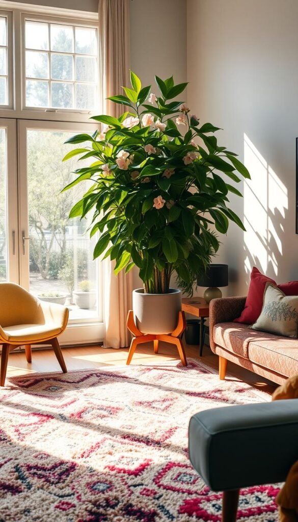 A cozy and vibrant living room with a large, lush houseplant as the focal point. The plant is placed on a wooden side table, its verdant leaves and blooming flowers creating a natural centerpiece. Sunlight filters in through large windows, casting a warm glow and casting interesting shadows across the room. In the foreground, a plush, colorful rug anchors the space, complemented by a mid-century modern sofa in a bold, patterned fabric. Accent chairs in complimentary hues, and decorative throw pillows add pops of color. The overall scene conveys a sense of harmony, balance, and a celebration of nature within the home.