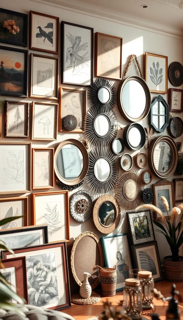 A cozy boho gallery wall, bathed in soft, natural lighting and filled with an eclectic mix of textured artworks, vintage mirrors, and handcrafted decor pieces. The foreground features an assortment of framed paintings, sketches, and photographs in various sizes and frames, arranged in a harmonious, asymmetrical layout. The middle ground showcases a collection of circular and ornate mirrors that reflect the warm, inviting ambiance. In the background, subtle botanical accents, such as dried flowers or potted plants, add to the organic, earthy vibe. The overall mood is one of warmth, creativity, and a touch of whimsy, perfectly capturing the essence of a bohemian-inspired living space.