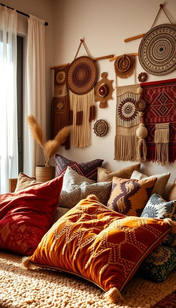A cozy boho-inspired living room, bathed in warm, natural light filtering through sheer curtains. In the foreground, an eclectic arrangement of patterned throw pillows in earthy tones and textures - velvet, macrame, and hand-woven fabrics. The middle ground features a plush, textured area rug with a bold, bohemian-inspired design. In the background, a collection of patterned wall hangings, macrame art, and woven tapestries creates a layered, visually-interesting backdrop. The overall scene conveys a sense of relaxed, lived-in comfort and a touch of whimsical, worldly charm.