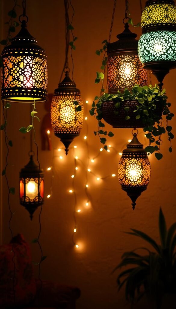 A cozy boho living room bathed in the warm glow of Moroccan lanterns and twinkling string lights. In the foreground, intricately patterned lanterns in jewel-toned hues cast a soft, ambient light, their delicate metalwork creating intricate shadows on the walls. Trailing vines and lush greenery spill from hanging baskets, adding a touch of natural whimsy. In the middle ground, clusters of string lights intertwine between the lanterns, their gentle illumination creating a magical, enchanted atmosphere. The background features a neutral, textured wall, allowing the lighting elements to take center stage. The overall scene evokes a sense of coziness, wonder, and a touch of Moroccan-inspired flair.