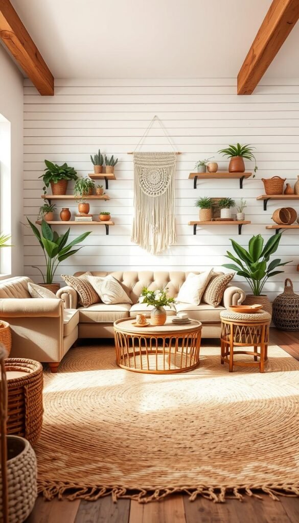 A cozy boho living room, bathed in warm, diffused lighting. The foreground features a plush, tufted velvet sofa adorned with woven throw pillows and a macrame wall hanging. In the middle ground, a large, woven area rug grounds the space, surrounded by a rattan coffee table and nesting end tables with terracotta accents. The background showcases whitewashed shiplap walls, complemented by natural wood beams and shelves displaying an array of potted plants, woven baskets, and ceramic vases. The overall atmosphere is one of laid-back elegance, blending earthy textures and organic shapes for a truly inviting, lived-in feel.