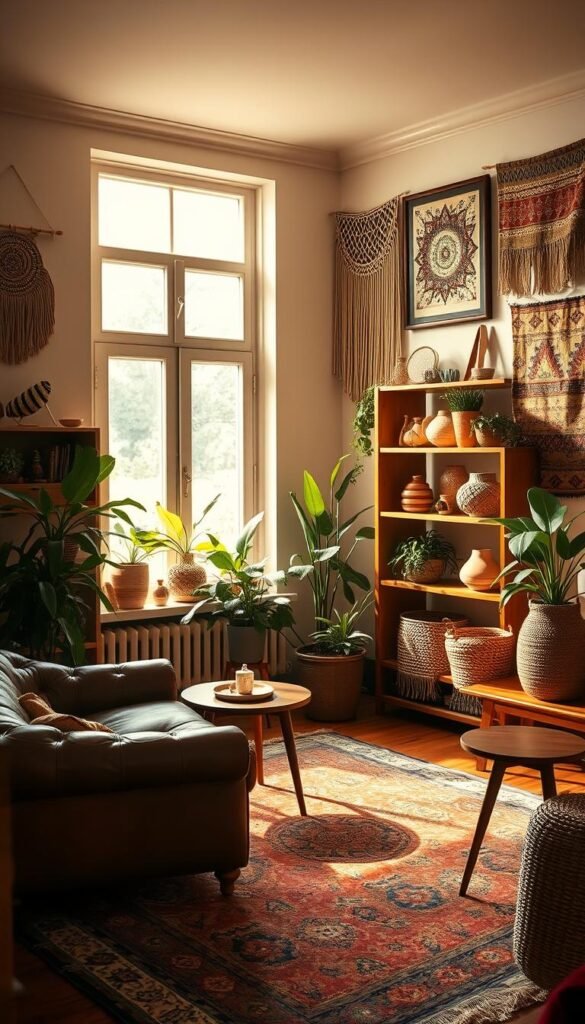 A cozy boho living room, bathed in warm natural light filtering through large windows. In the foreground, an eclectic arrangement of vintage furniture pieces - a tufted leather armchair, a mid-century modern side table, and a worn oriental rug. Across the room, a globally-inspired wooden bookshelf displays decorative ceramics, woven baskets, and lush potted plants. The walls are adorned with macrame wall hangings and framed tribal-patterned textiles, creating a relaxed, worldly ambiance. Soft, diffused lighting casts a golden glow, complementing the room's earthy, bohemian aesthetic. The scene evokes a sense of timeless, lived-in comfort and cultural richness.