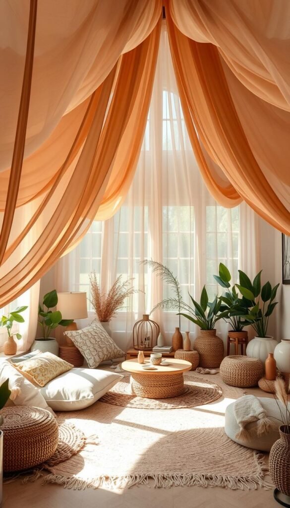 A cozy boho living room with a lush, cascading canopy of sheer, flowing fabrics in warm earth tones and soft pastels. The canopy gently billows, creating a sense of movement and a dreamy, ethereal ambiance. Plush floor cushions, woven rugs, and an assortment of potted plants and decorative vases complete the relaxed, inviting atmosphere. Soft, diffused lighting from a combination of lamps and natural sunlight filters through the gossamer fabrics, casting a warm glow throughout the space. The overall scene evokes a sense of comfort, relaxation, and a touch of whimsy, perfectly capturing the essence of a boho-inspired living room.