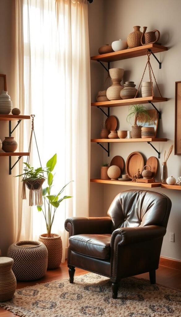 A cozy boho-style living room, sunlight filtering through sheer curtains. Wooden shelves line the walls, displaying an eclectic collection of artisanal ceramics, woven baskets, macrame plant hangers, and travel trinkets. Subtle textures and natural hues create a warm, inviting atmosphere. A vintage leather armchair and plush rug complete the space, evoking a sense of comfort and worldly sophistication. The shelves are styled with intentionality, each item a unique find that tells a story. The composition is balanced, with items of varying heights and shapes arranged harmoniously. This scene exudes a sense of curation and personal expression, embodying the essence of a boho-inspired living space.