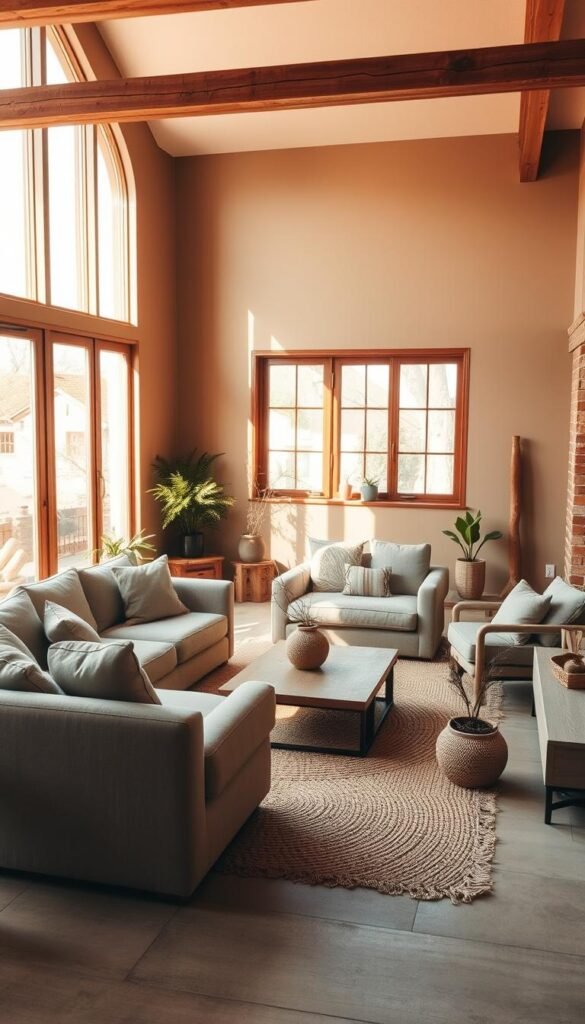 A cozy, earthy-toned living room with a large, plush sofa and armchair positioned around a low wooden coffee table. The space is flooded with warm, natural light from a wall of floor-to-ceiling windows, casting a soft glow on the neutral-colored textiles and wooden accents. Minimalist decor, such as a simple woven area rug, potted plants, and a decorative ceramic vase, create a tranquil, organic ambiance. The walls are painted in a muted, earth-inspired palette, complementing the wooden beams and exposed brick that add depth and character to the space. Overall, the room exudes a timeless, serene atmosphere, perfect for relaxation and contemplation. A cozy, earthy-toned living room with a large, plush sofa and armchair positioned around a low wooden coffee table. The space is flooded with warm, natural light from a wall of floor-to-ceiling windows, casting a soft glow on the neutral-colored textiles and wooden accents. Minimalist decor, such as a simple woven area rug, potted plants, and a decorative ceramic vase, create a tranquil, organic ambiance. The walls are painted in a muted, earth-inspired palette, complementing the wooden beams and exposed brick that add depth and character to the space. Overall, the room exudes a timeless, serene atmosphere, perfect for relaxation and contemplation.