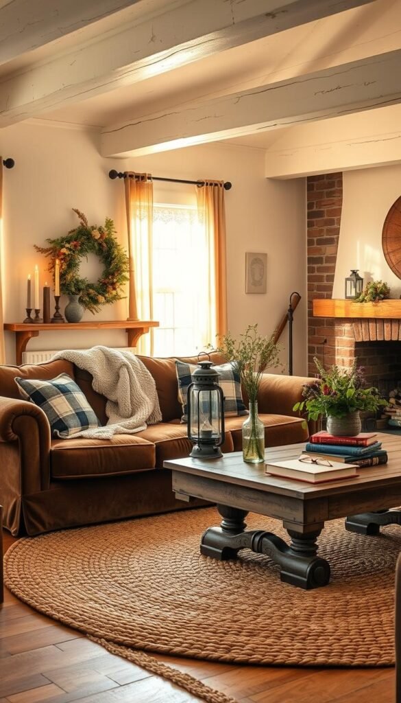 A cozy farmhouse living room, bathed in warm, golden afternoon light filtering through lace-trimmed curtains. In the foreground, a plush velvet sofa adorned with plaid throw pillows and a knitted blanket. On the mantelpiece, a wreath of dried flowers and greenery, complemented by tall, flickering candles. In the middle ground, a weathered wood coffee table, topped with a vintage lantern, a stack of well-worn books, and a vase of fresh wildflowers. The background features exposed beams, whitewashed walls, and a rustic brick fireplace, casting a soft, inviting glow. Underfoot, a braided area rug in earthy tones anchors the space, creating a cozy, lived-in atmosphere perfect for a charming farmhouse living room, styled for the current season. A cozy farmhouse living room, bathed in warm, golden afternoon light filtering through lace-trimmed curtains. In the foreground, a plush velvet sofa adorned with plaid throw pillows and a knitted blanket. On the mantelpiece, a wreath of dried flowers and greenery, complemented by tall, flickering candles. In the middle ground, a weathered wood coffee table, topped with a vintage lantern, a stack of well-worn books, and a vase of fresh wildflowers. The background features exposed beams, whitewashed walls, and a rustic brick fireplace, casting a soft, inviting glow. Underfoot, a braided area rug in earthy tones anchors the space, creating a cozy, lived-in atmosphere perfect for a charming farmhouse living room, styled for the current season.
