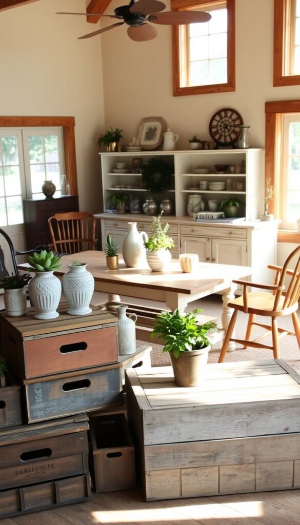A cozy farmhouse living room, bathed in warm, natural light from large windows. In the foreground, vintage wooden crates and weathered storage boxes are arranged artfully, their patina adding rustic charm. Atop them, a mix of potted plants, antique vases, and decorative objects create a layered, curated display. In the middle ground, a sturdy, distressed wooden table serves as a central focal point, surrounded by mismatched but complementary vintage chairs. Behind, a weathered, whitewashed sideboard showcases more farmhouse-inspired decor, its drawers and shelves offering ample storage space. The overall atmosphere is one of relaxed, lived-in comfort, with a harmonious blend of natural textures and rustic, time-worn elements. A cozy farmhouse living room, bathed in warm, natural light from large windows. In the foreground, vintage wooden crates and weathered storage boxes are arranged artfully, their patina adding rustic charm. Atop them, a mix of potted plants, antique vases, and decorative objects create a layered, curated display. In the middle ground, a sturdy, distressed wooden table serves as a central focal point, surrounded by mismatched but complementary vintage chairs. Behind, a weathered, whitewashed sideboard showcases more farmhouse-inspired decor, its drawers and shelves offering ample storage space. The overall atmosphere is one of relaxed, lived-in comfort, with a harmonious blend of natural textures and rustic, time-worn elements.