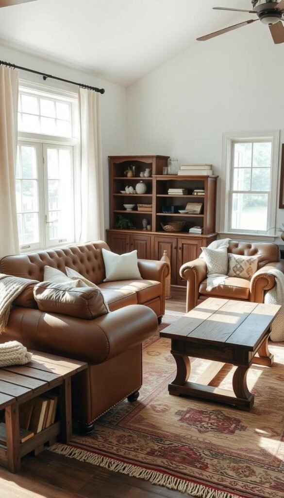 A cozy farmhouse living room with comfortable, overstuffed furniture arranged in a visually appealing layout. A large, tufted leather sofa and two matching armchairs form a conversational seating area in the foreground, positioned around a rustic wooden coffee table. Soft, natural lighting filters in through large, curtain-framed windows, casting a warm glow. Weathered wood accents, such as a side table and a vintage-style area rug, complement the neutral color palette. Decorative throw pillows and a knitted blanket add textural interest. The overall scene conveys a sense of relaxation and welcoming, inviting the viewer to imagine themselves nestled in this charming, homely space.