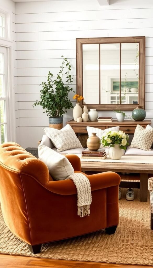 A cozy farmhouse living room with layered textures and affordable home decor. In the foreground, a plush, tufted velvet armchair in a rich, earthy tone sits atop a woven jute area rug. Soft, chunky knit throws and pillows in neutral hues add visual interest. In the middle ground, a rustic wooden coffee table is adorned with ceramic vases, a stack of vintage books, and a natural linen runner. Trailing vines and potted plants create a sense of warmth and natural charm. The background features whitewashed shiplap walls, accented by a large, oversized mirror in a distressed wood frame, casting a soft, diffused light across the scene. The overall atmosphere is one of inviting comfort and effortless style, achieved through the layering of affordable, tactile materials.
