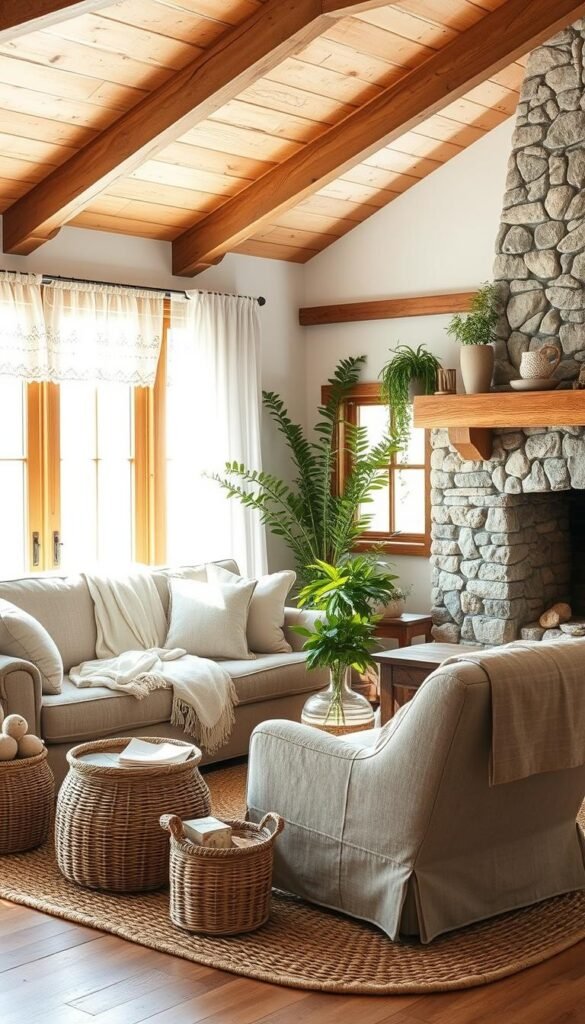 A cozy farmhouse living room with plush, inviting textiles. Soft, neutral-toned throw blankets and pillows arranged artfully on a weathered, rustic sofa. A large, overstuffed armchair upholstered in a natural linen fabric. Woven baskets and natural fiber rugs add warmth underfoot. Sunlight filters in through sheer, lace-trimmed curtains, casting a gentle glow. Wooden ceiling beams and a stone fireplace mantel create a charming, rustic backdrop. Lush, potted plants and natural wood accents complete the soothing, earthy aesthetic. A sense of comfort and tranquility pervades the space. A cozy farmhouse living room with plush, inviting textiles. Soft, neutral-toned throw blankets and pillows arranged artfully on a weathered, rustic sofa. A large, overstuffed armchair upholstered in a natural linen fabric. Woven baskets and natural fiber rugs add warmth underfoot. Sunlight filters in through sheer, lace-trimmed curtains, casting a gentle glow. Wooden ceiling beams and a stone fireplace mantel create a charming, rustic backdrop. Lush, potted plants and natural wood accents complete the soothing, earthy aesthetic. A sense of comfort and tranquility pervades the space.