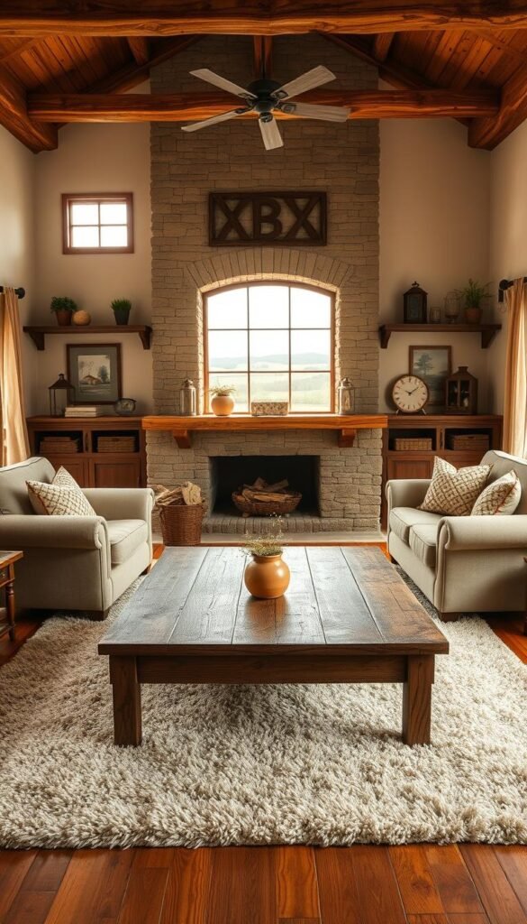 A cozy farmhouse living room with rustic wood elements. In the foreground, a weathered wooden coffee table sits atop a plush area rug. Surrounding it, two comfortable armchairs and a loveseat in a neutral tone. The middle ground features a large stone fireplace, its mantel adorned with natural wood accents. On the walls, wooden shelves display vintage decor and potted plants. Warm, diffused lighting filters through sheer curtains, casting a soft, inviting glow. In the background, a large window overlooks a picturesque countryside scene. The overall atmosphere is one of simple elegance and timeless charm.