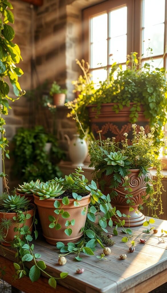 A cozy farmhouse-style arrangement of lush, verdant plants and natural elements, bathed in warm, soft lighting. In the foreground, a collection of potted succulents, ferns, and trailing vines cascade over a weathered wooden table. In the middle ground, a large, ornate ceramic planter overflows with fragrant herbs and delicate wildflowers. The background features a rustic stone wall, partially obscured by the verdant foliage, creating a sense of depth and a seamless integration of the indoors and outdoors. Rays of golden-hour sunlight filter through large windows, casting a serene, naturalistic glow throughout the scene. The overall atmosphere evokes a sense of tranquility, and a harmonious blending of nature and modern farmhouse aesthetics.