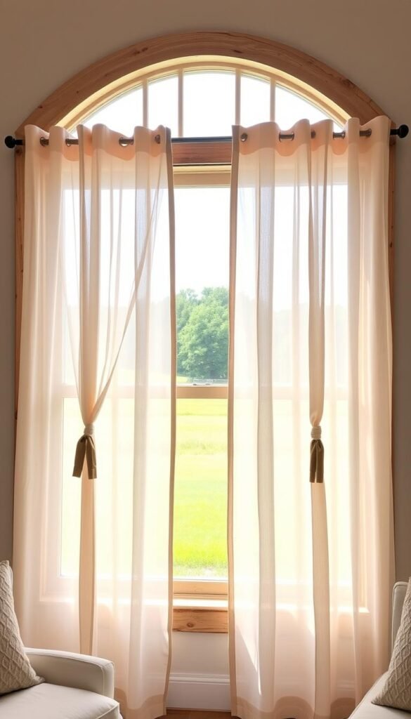 A cozy farmhouse-style living room with a large, inviting window. The window frame is made of weathered wood, complementing the room's rustic charm. Sheer, flowing curtains in a soft, neutral color gently sway in the breeze, casting a warm, diffused light throughout the space. The curtains are accented with simple, wooden tie-backs, adding a touch of farmhouse elegance. The window provides a picturesque view of a lush, green landscape outside, blending the indoor and outdoor spaces seamlessly. The overall scene exudes a sense of tranquility and comfort, perfectly capturing the essence of modern farmhouse living.
