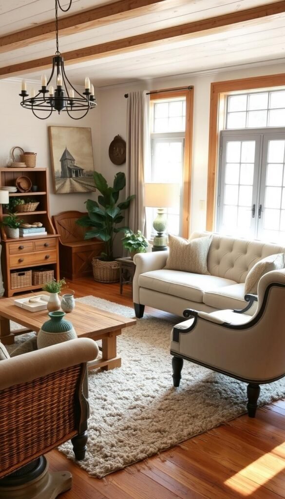 A cozy farmhouse-style living room with natural wood furniture, plush textiles, and rustic accents. A distressed wooden coffee table, a tufted linen sofa, and a vintage armchair are positioned around a plush area rug. Warm, soft lighting from a wrought-iron floor lamp creates a welcoming ambiance. Large windows allow ample natural light to flood the space, complementing the neutral color palette. Decorative elements like woven baskets, potted plants, and farmhouse-inspired wall art add charm and character to the budget-friendly, yet stylish room.