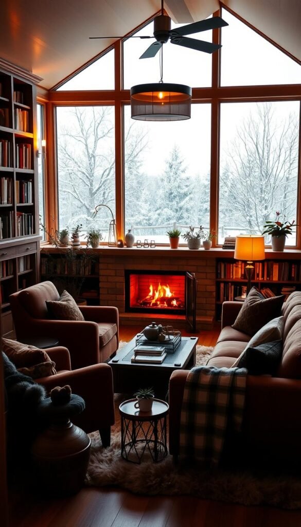 A cozy fireplace nestled in a warm, inviting living room. Flickering flames cast a soft, golden glow throughout the space, illuminating plush armchairs and a large, comfy sofa. Bookshelves line the walls, creating a sense of coziness and intellectual charm. Soft, ambient lighting filters in from sconces and a statement pendant overhead, casting a welcoming ambiance. Rich, earthy tones in the furniture and textiles evoke a sense of comfort and relaxation. Large windows offer views of a snow-covered landscape outside, heightening the cozy, hygge-inspired atmosphere. A furry rug and a collection of potted plants add texture and life to the scene, making it the perfect spot to curl up with a good book and a cup of hot cocoa.