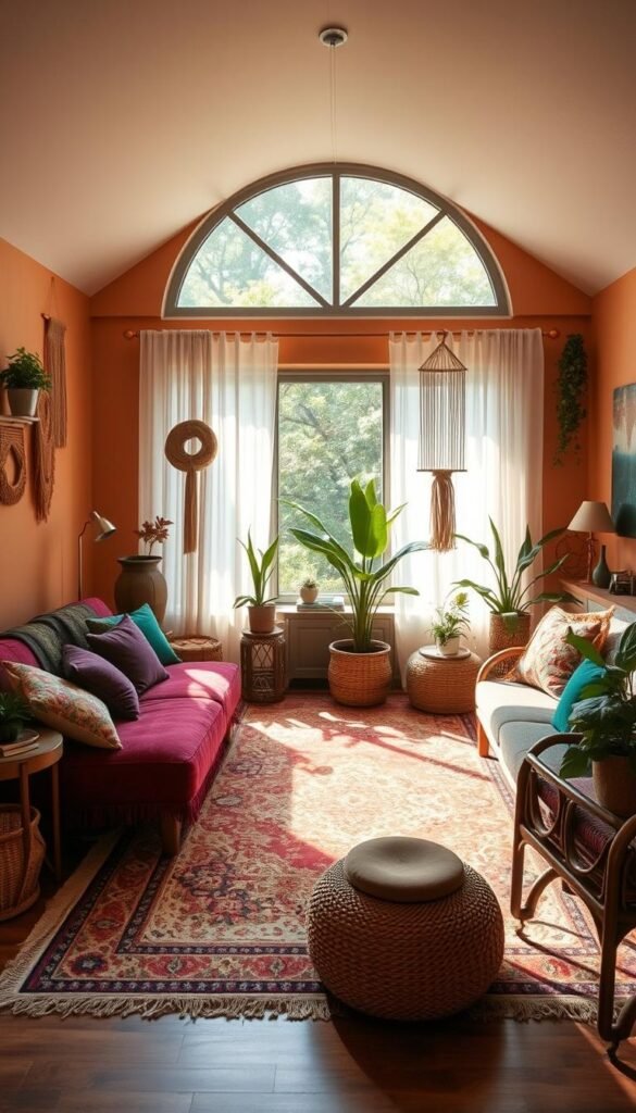 A cozy, inviting living room with a bohemian color palette. Earthy tones of terracotta, ochre, and sage green create a warm, natural atmosphere, accented by rich jewel-toned velvet cushions in shades of emerald and amethyst. Soft, diffused lighting filters through sheer curtains, casting a gentle glow over a vintage-inspired area rug and a mix of wooden and rattan furniture pieces. Potted plants and woven wall hangings add texture and a touch of whimsy, while a large, arched window frames the scene, allowing natural light to flood the space.