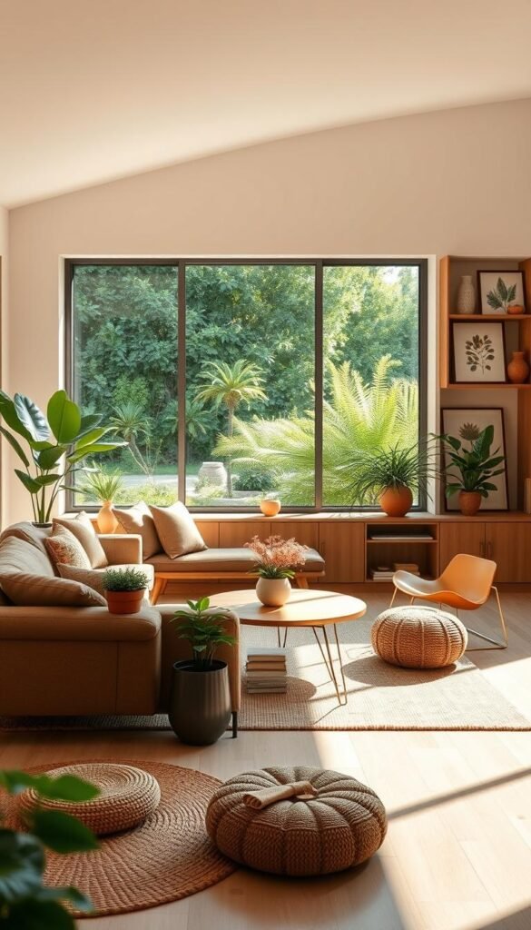 A cozy, light-filled living room with a serene biophilic design. The focal point is a large picture window overlooking a lush, verdant garden, letting in abundant natural light. In the foreground, a plush, earthy-toned sofa is flanked by mid-century modern end tables adorned with potted plants. The middle ground features a minimalist coffee table surrounded by natural fiber rugs and poufs. The background showcases built-in shelves displaying an array of botanical art prints and decorative terracotta vases. Warm, diffused lighting from hidden sources creates a calming, nature-inspired ambiance. Crisp, high-resolution, photorealistic. A cozy, light-filled living room with a serene biophilic design. The focal point is a large picture window overlooking a lush, verdant garden, letting in abundant natural light. In the foreground, a plush, earthy-toned sofa is flanked by mid-century modern end tables adorned with potted plants. The middle ground features a minimalist coffee table surrounded by natural fiber rugs and poufs. The background showcases built-in shelves displaying an array of botanical art prints and decorative terracotta vases. Warm, diffused lighting from hidden sources creates a calming, nature-inspired ambiance. Crisp, high-resolution, photorealistic.