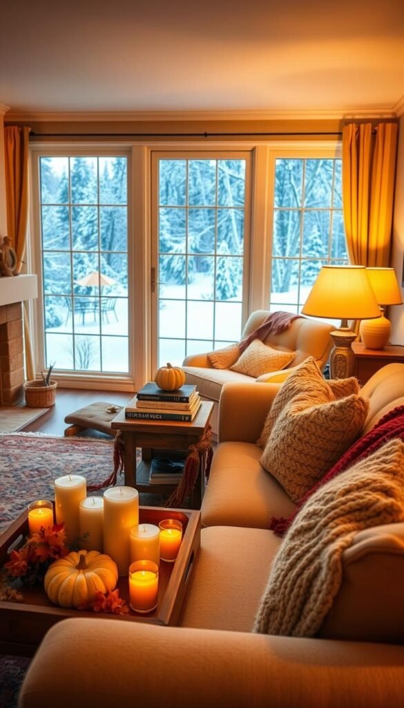 A cozy living room adorned with seasonal decor, bathed in warm, golden lighting from a fireplace and table lamps. In the foreground, a plush, cream-colored sofa is accented with knit throw blankets and pillows in autumnal hues. On the coffee table, a wooden tray holds a selection of scented candles and a small vase of fresh flowers. The middle ground features a rustic, wooden side table with a stacked pile of books and a ceramic pumpkin. In the background, large windows offer a view of a snowy, winter landscape, complementing the cozy, hygge-inspired atmosphere.