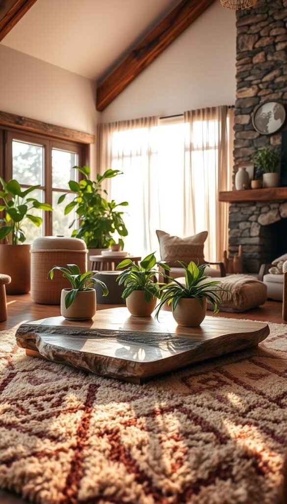 A cozy living room bathed in warm, natural light filters through large windows, revealing a harmonious blend of organic textures. In the foreground, a plush, earthy-toned rug anchors the space, its intricate patterns adding depth and visual interest. Midground, a wooden coffee table showcases a natural stone slab, its subtle veining and mottled tones complementing the surrounding elements. Lush, verdant plants in ceramic planters dot the scene, their lush foliage casting soft shadows across the scene. In the background, rough-hewn wooden beams and a stone fireplace add rustic, weathered charm, while sheer, linen curtains gently sway, creating a sense of tranquility and serenity.