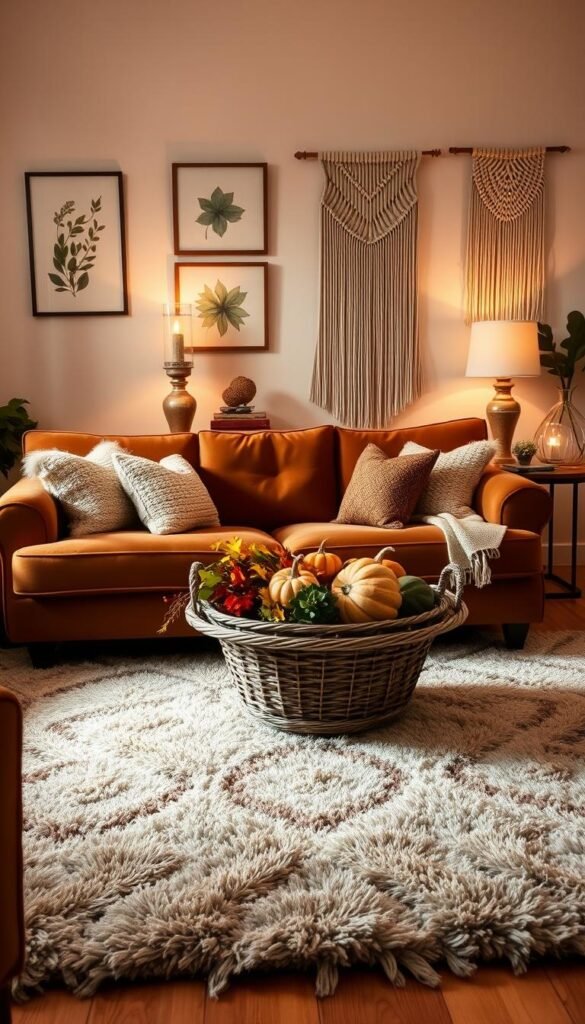 A cozy living room bathed in warm, soft lighting. In the foreground, a plush velvet sofa in a rich autumnal hue, adorned with knitted throw pillows in complementary tones. On the coffee table, a woven basket overflows with seasonal foliage and decorative gourds. In the middle ground, a large, lush area rug in a bold, geometric pattern anchors the space. The walls are decorated with framed botanical prints and a macrame wall hanging. Elegant glass hurricane lamps flicker on side tables, casting a gentle glow. The overall atmosphere is inviting, comfortable, and seasonally inspired.