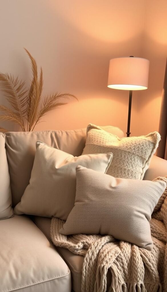 A cozy living room corner with a large plush sofa, soft throw pillows, and a knitted blanket. The pillows are handmade DIY covers in various textures and muted, earthy tones that complement the room's decor. Warm, diffused lighting from a floor lamp casts a gentle glow, creating a welcoming and inviting atmosphere. The scene evokes a sense of comfort and hominess, perfect for a relaxing day spent indoors.
