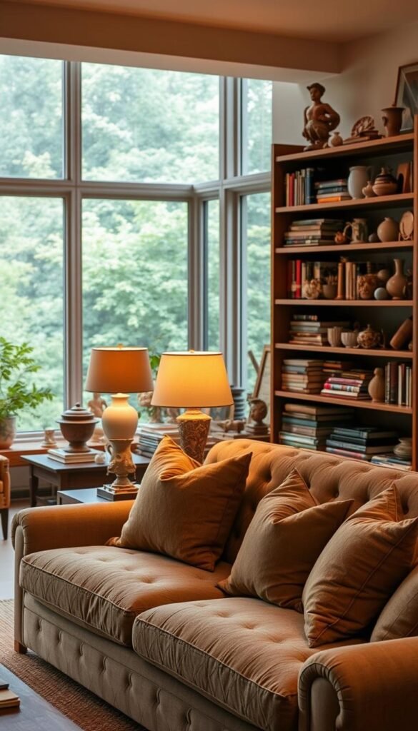A cozy living room filled with a carefully curated display of personal collections. In the foreground, a stylish wooden shelving unit showcases an eclectic mix of vintage books, antique trinkets, and ceramic figurines, bathed in the warm glow of a table lamp. The middle ground features a plush, tufted sofa adorned with throw pillows in muted earth tones, complementing the room's neutral color palette. In the background, large windows flood the space with natural light, offering a glimpse of lush greenery outside. The overall atmosphere is one of comfort, character, and a sense of personal identity, creating an inviting and visually engaging living room.