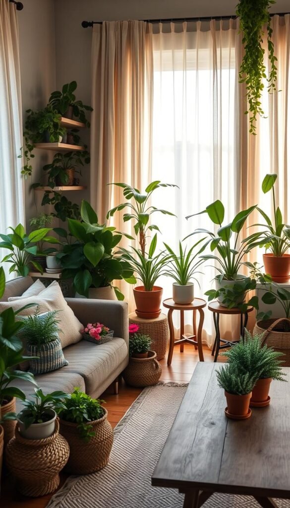 A cozy living room filled with a lush arrangement of potted indoor plants, including leafy philodendrons, delicate ferns, and vibrant succulents. Soft, diffused natural light filters through sheer curtains, casting a warm, organic glow. The plants are strategically placed on floating shelves, side tables, and a rustic wooden coffee table, creating a harmonious, nature-inspired vignette. Subtle textures, such as woven baskets and a plush area rug, further enhance the serene, earthy ambiance. The overall scene exudes a sense of tranquility and warmth, inviting the viewer to relax and unwind in this inviting, nature-infused living space.