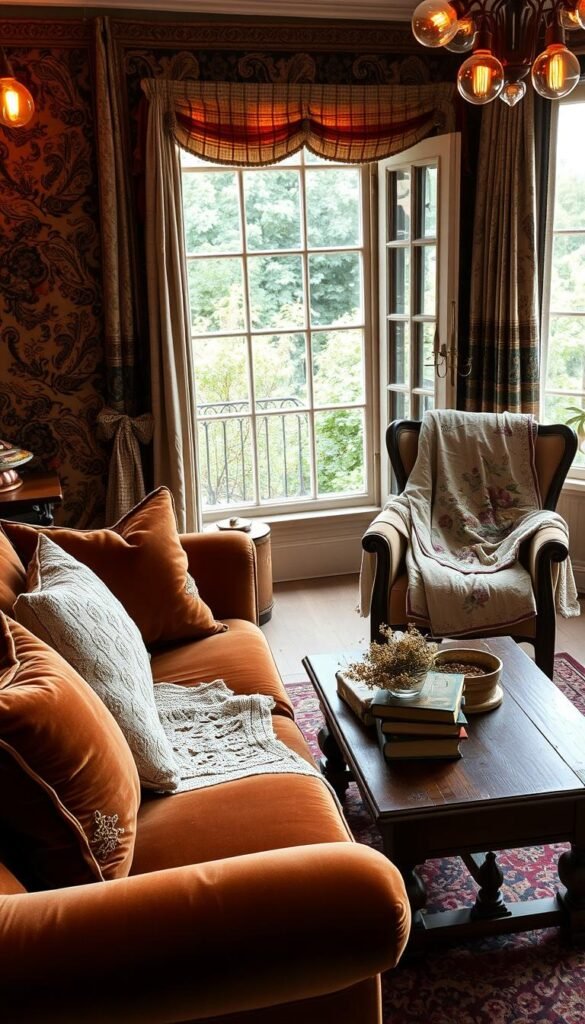 A cozy living room filled with layers of vintage textiles and fabrics. In the foreground, a plush velvet sofa adorned with embroidered throw pillows and a delicate lace runner. Beside it, an antique armchair draped in a tattered, yet charming, floral quilt. In the middle ground, a wooden coffee table topped with a stack of weathered leather-bound books and a vase of dried wildflowers. The walls are adorned with a tapestry featuring intricate paisley patterns, casting a warm, golden glow from the soft, Edison-style lighting fixtures. Through the window, a view of a lush, overgrown garden, hinting at the passage of time. The overall atmosphere is one of timeless elegance and a tactile, lived-in comfort.