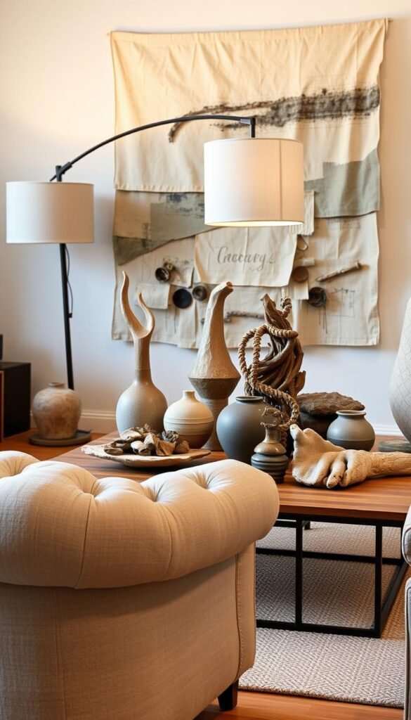 A cozy living room filled with tactile, decorative objects. In the foreground, a plush, tufted armchair with a soft, linen-like texture invites the viewer to sink in. Atop a minimalist, wood-and-steel coffee table, an artfully arranged display of ceramics, sculptures, and natural elements like driftwood and stones create a visually striking tableau. Soft, diffused lighting from a floor lamp with a linen shade casts a warm, ambient glow, highlighting the varied textures and hues. In the background, a large, abstract wall hanging with layers of fabric, paint, and mixed media adds depth and visual interest. The overall mood is one of elegant simplicity, where form and function seamlessly merge.