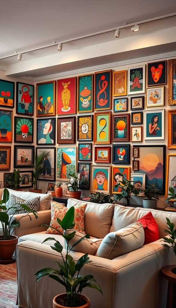 A cozy living room filled with vibrant, eclectic art displays. The walls are adorned with a gallery of colorful paintings, abstract prints, and eclectic frames in a visually striking arrangement. Soft, warm lighting illuminates the space, casting a welcoming glow. In the foreground, a modern, plush sofa and chairs provide comfortable seating, inviting visitors to admire the artwork. Potted plants and natural textures add depth and a sense of harmony to the scene. The overall atmosphere is one of artistic expression, creativity, and a celebration of bold, beautiful colors.